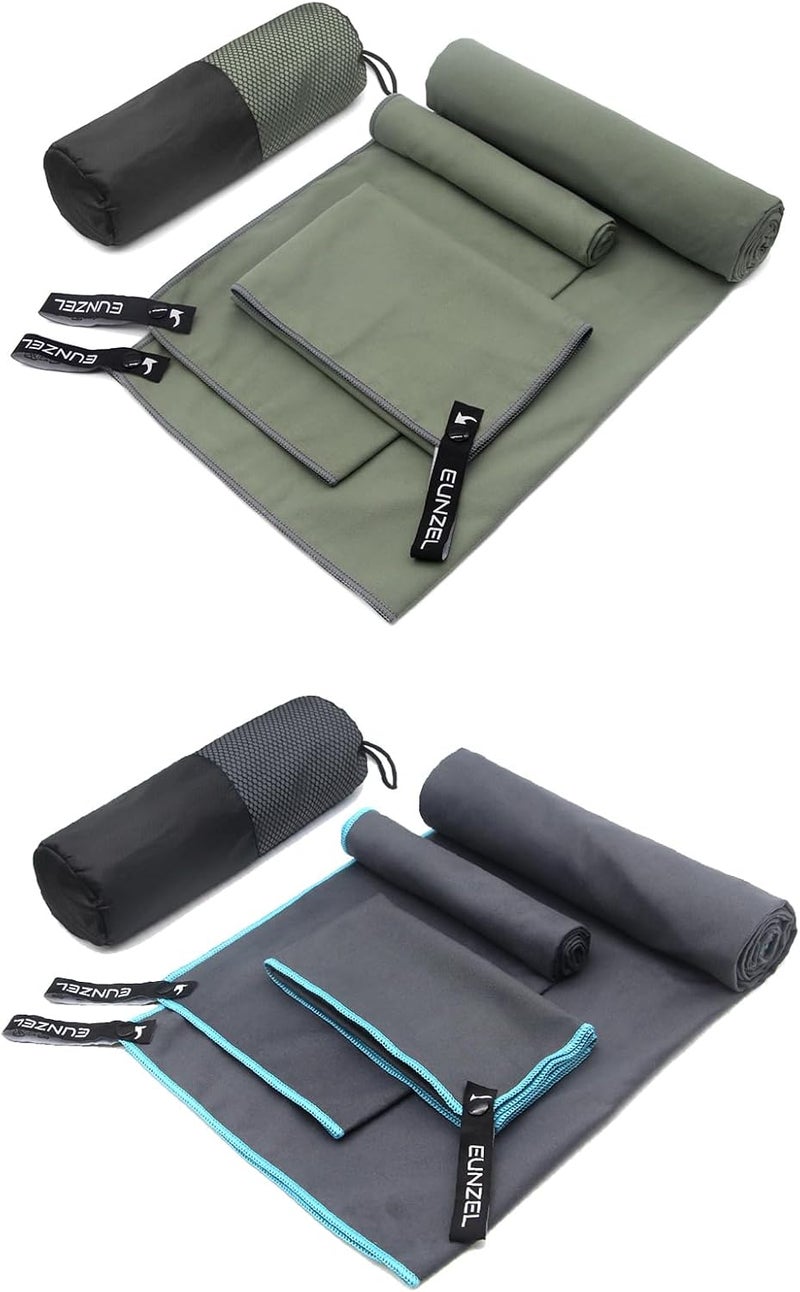 Eunzel 2 Pack Quick Dry Camping Towel, Microfiber Travel Towel 3 Size at 1 Pack,Fast Drying Towel Set for Camping, Beach, Gym, Sports, Yoga & Swimming Pool, Army Green/Grey - Image 1